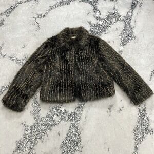 Painted Pony Faux Fur Jacket Womens Large Cropped Brown Black Textured Coat